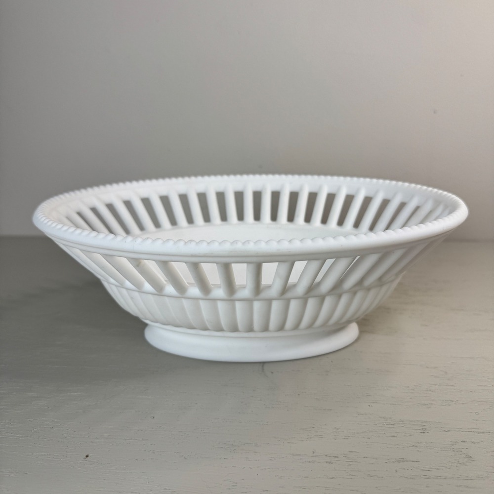Imperial Glass White Frosted Satin Oval Bowl Reticulated Beaded Edge Vintage